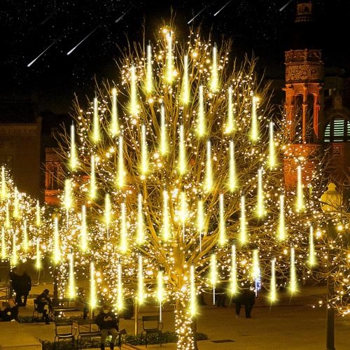 Aluan Christmas Lights Outdoor Meteor Shower Rain Lights, 20 Tubes 720 LEDs 16 Inch Waterproof Plug in Falling Rain String Lights for Halloween Xmas Holiday Party Home Patio Decoration, Warm White