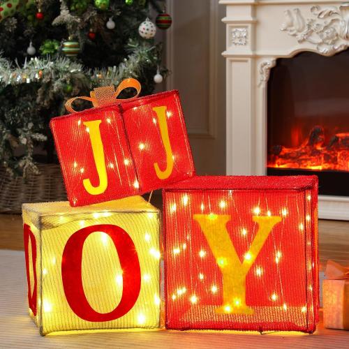 Honoson 3 Sets Extra Large Christmas Lighted Gift Boxes 8.1'' 10.5'' 12.5'' Joy Present Boxes Pre Lit with 100 Warm White Lights Christmas Decorations for Home Indoor Outdoor Garden Lawn