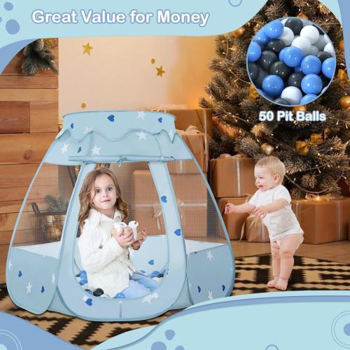 Baby Ball Pit for Toddler with 50 Balls, Kids Pop Up Play Tent for Girls, Princess Toys Gifts for Children Indoor & Outdoor Playhouse (Greyish-Blue: Gray/White/Babyblue, 109x90cm/50 Balls)