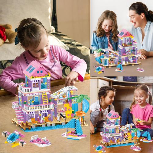 955 Piece Beach House Building Set,Seaside Beach Villa Building Toys Friends Vacation Hut Blocks Set,STEM BuildingToys with Helicopter,Yacht,Sailboat,Christmas Birthday Gift for Girl Age 6-12