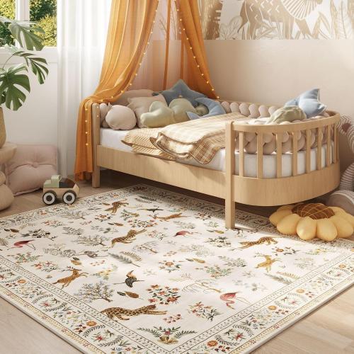 Living Room Rug 5x7 Rug Machine Washable Boho Area Rug Non Slip Floral Animal Vintage Low Pile Large Rugs for Living Room, Bedroom, Farmhouse, Dining Room, Kids Playroom (Beige)
