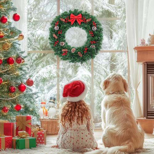 24 Inch Christmas Wreath for Front Door - Farmhouse Holiday Decor for Indoors and Outdoors, No Light