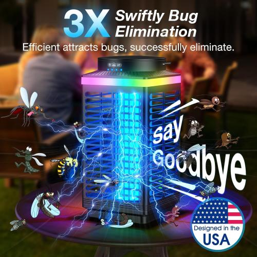 Black Bug Zapper Outdoor Cordless, 4200V Electric Mosquito Zapper with LED Blue Light, 3 in 1 Portable & Rechargeable Bug Zapper Outdoor Waterproof IP67, Wireless Hanging Fly Zapper for Camping Patio,Black