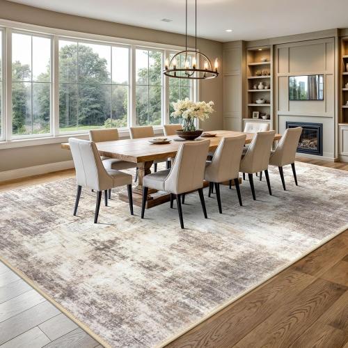 IOHOUZE Abstract Area Rugs 9x12 Ft Washable Large Rugs for Living Room, Non Slip Dining Room Rug, Printed Faux Wool Rugs for Bedroom, Floor Carpet for Office Nursery Playroom, Beige Brown