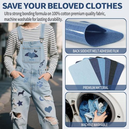 Iron On Patches for Clothes 24pcs, Iron On Patches for Jeans, Cotton Denim Repair Patch for Inside Jeans Fabric Kit, Jeans Knee, Pants, Clothing 3 by 4-1/4 Blue&Black