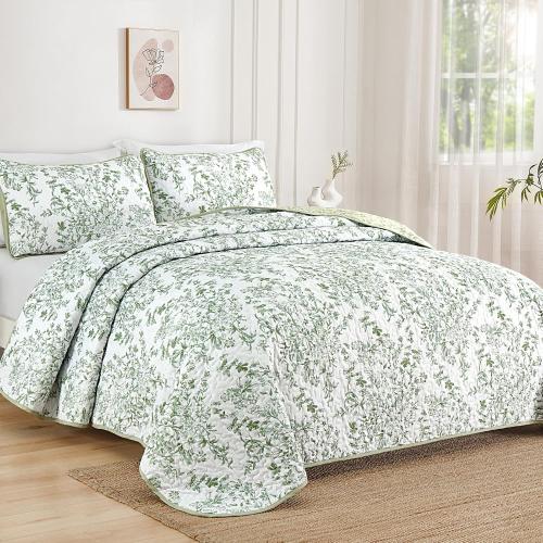 WONGS BEDDING Botanical King Size Quilt, 3 Pieces Bedspread Set, Sage Green | Floral Printed, Microfiber Coverlet, Breathable All-Season, Fits King 110x90, Perfect for Bedroom Guest Room Home Decor