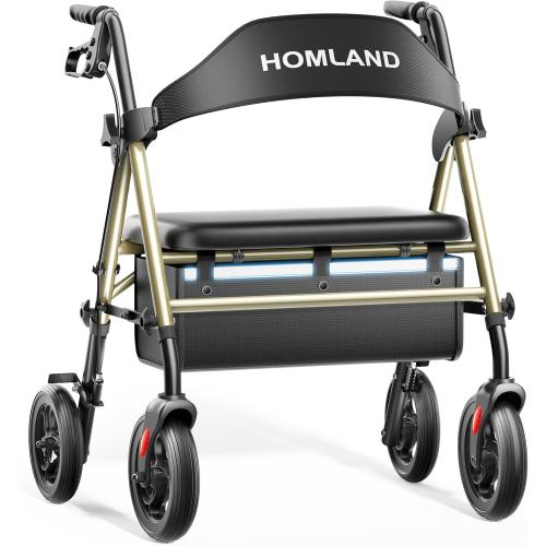 HOMLAND Bariatric Walkers for Seniors with Seat, 500lb Heavy-Duty Rollator | 19.7 Extra Wide Padded Seat, Easy to Assemble, Foldable Rolling Walker with Height Adjustable, 8 All Terrain Wheels
