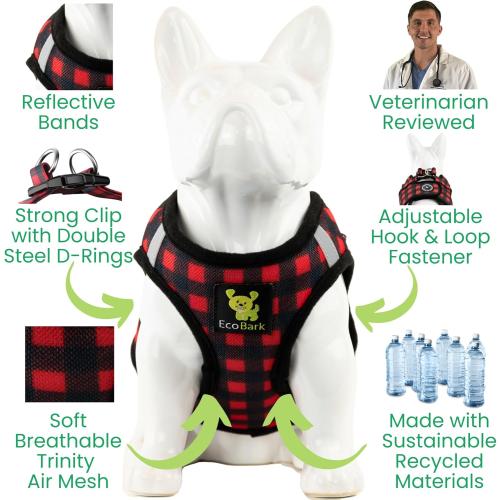 EcoBark Step in Dog Harness - Eco-Friendly Teacup Dog Harnesses for XXS, XS, and Small Dogs - Reflective and Adjustable Mini Body Halter Vest -Tiny Soft Mesh Toy Breed Harness (XXXS, Plaid)