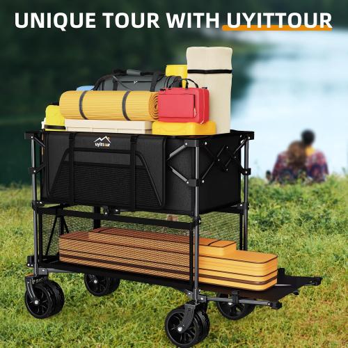 Black Foldable 50''L Extra Long Double Decker Wagon for Sport, 400L Collapsible Heavy Duty Wagon Cart with Big Wheels, Utility All-Terrain Large Extender Cart for Outdoors