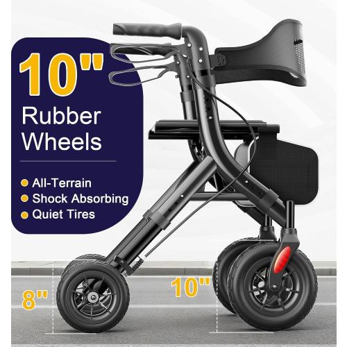 HOMLAND Foldable Rollator Walker for Seniors with Seat, Black | 10 All-Terrain Wheels, Curb Climber, 16.4 lb Lightweight, Lockable Brakes, 300 lbs Capacity