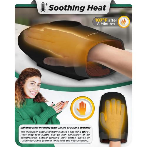 Lunix LX7 Electric Hand Massager with Compression, Pressure Point Therapy for Arthritis, Pain Relief and Carpal Tunnel, Shiatsu Massage Machine with Heat, with Hand Warmer, Black