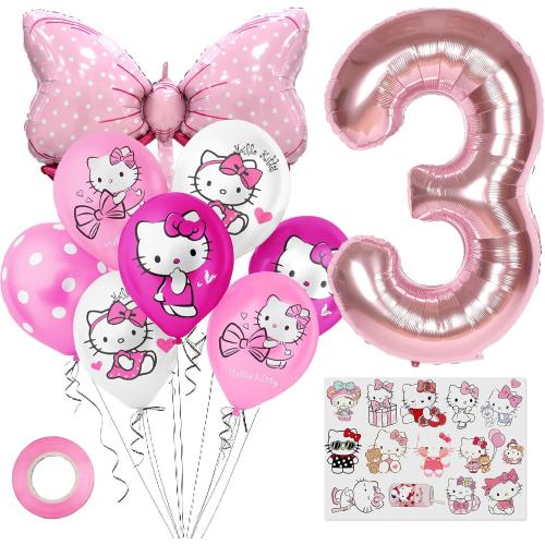 Cute Cartoon Birthday Decoration Party Supplies, Including Pink Thematic Numbers 3 Foil Balloons, Cute Latex Balloons, Cartoon Sticker