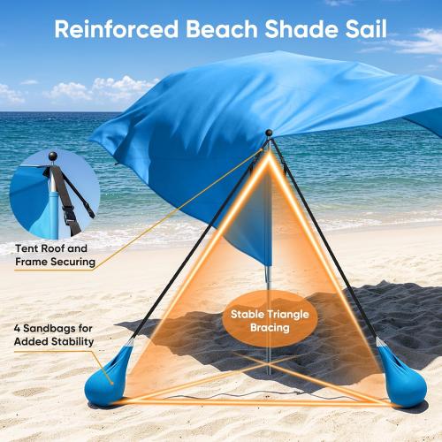 MoKo Beach Shade Canopy, 100 Sq.Ft. Wind-Supported Sunshade Sail for 4-6 People, Lightweight Easy Setup Beach Tent with UPF 50  Sun Protection for Family Travel Coastal Trips, Blue