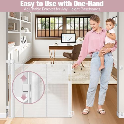 56 Inch Wide Retractable Dog Gate with Reinforced Strip, Retractable Baby Gate for Stairs to Prevent Crawling Under, Retractable Pet Gate for Stairs, Dog Gates for Doorways Mesh Gate for Pets, White