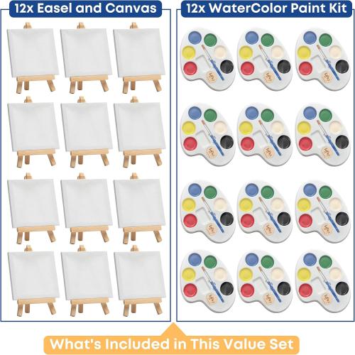 Mini Canvas and Easel Set with Mini Watercolor Paint in Bulk Set of 12 - Kids Art Party Favors & Party Supplies - 4x4 Small Canvases for Painting with Mini Easel - Water Colors Paint for Kids