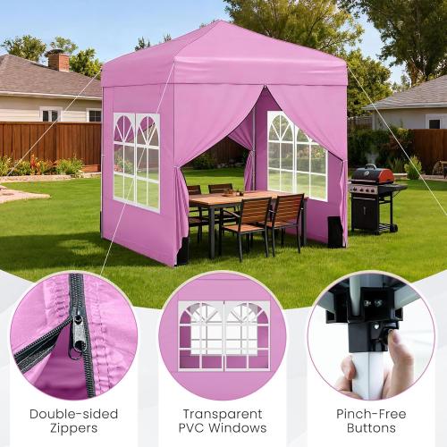 Tangkula 6.5x6.5 FT Pop Up Canopy, UPF50  Outdoor Canopy Tent with 2 Removable Sidewalls, 2 Zippered Doors, Heavy-Duty Carbon Steel Frame, Wheeled Bag, 4 Sandbags, 8 Stakes, 4 Wind Ropes (Pink)