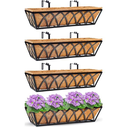 Y&M 4pcs 24 Inch Planter, Metal Window Boxes with Coco Liner, Indoor Outdoor Hanging Flower Planter for Garden, Lawn, Balcony, Porch, Fence, Patio Rail