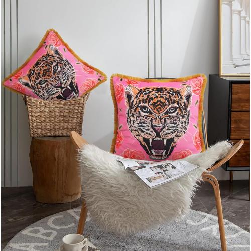 Tiger Floral Velvet Decorative Throw Pillow Cover 18x18 In Pink Pillow Covers Flower Animal Print Tiger Cushion Cover with Tassels Modern Decor Square Pillowcase for Sofa Couch Bedroom Living Room