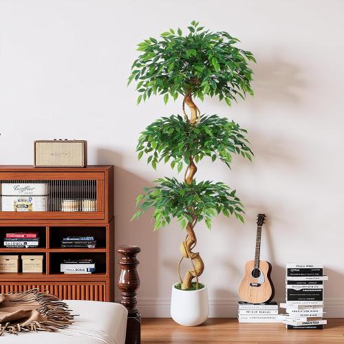 Artsleafy 6ft Large Ficus Artificial Trees in White Pot, 72 Tall Fake Silk Tree with Natural Curved Trunk, Lush Faux Ficus Tree for Indoor Home Decor, Living Room, Office & Patio