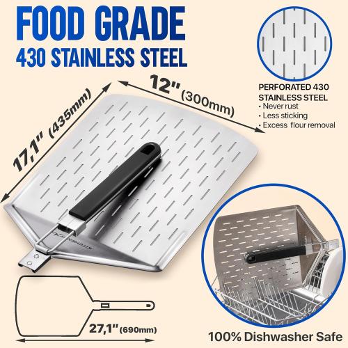 KitchenStar 12-inch Perforated Pizza Peel with Folding Handle - Stainless Steel Spatula Paddle for Effortless Pizza Transfer & Easy Storrage - Dishwasher Safe Pizza Oven Accessories