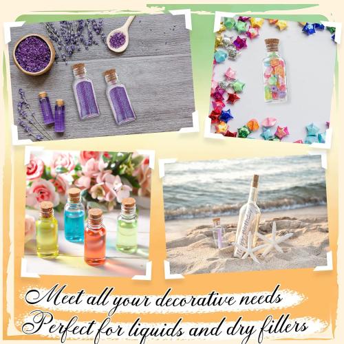 Set of  50 Packs 1 oz Plastic Sand Art Bottles with Cork Stoppers Mini Vial Potion Bottles Perfume Cork Jar with 10 Mini Funnels for Filling Jar for DIY Craft, Essential Oil, Message, Party Favor