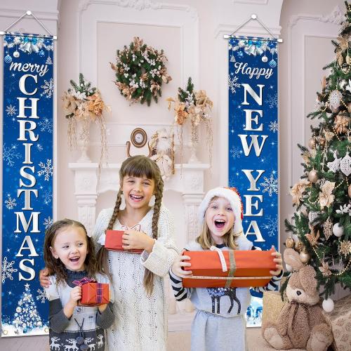 Blue Christmas Porch Banner - Merry Christmas Door Decorations for Blue Holiday Xmas Party