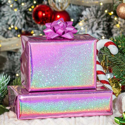 Burymento Pink Wrapping Paper Roll, Metallic Holographic Star Gift Wrap for Birthday, Valentines, Mothers day, Graduation, Wedding, Fathers day, Baby Shower, Christmas (17 IN x 32.8 FT)