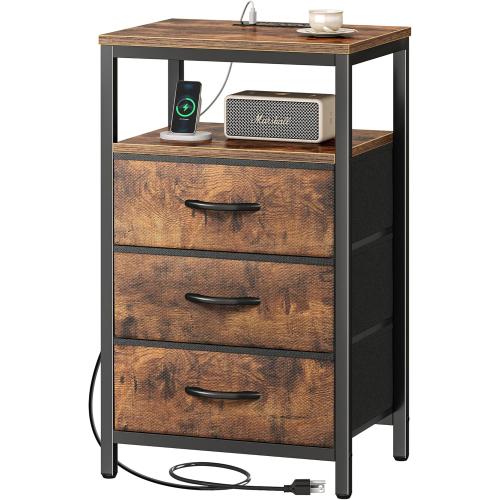 Size 27.6 Color brown Huuger Nightstand with Charging Station, 27.6 Inch Bedside Table with Fabric Drawers, End Table with USB Ports and Outlets, Night Stand for Bedroom, Rustic Brown