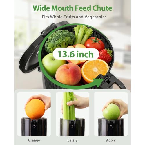 Juicer Machines - Wide Mouth Feed Chute with Self Feeding Hands-Free Design - Cold Press Juicer for Vegetables and Fruits - Juice Extractor Machine High Juice Yield - With Pusher