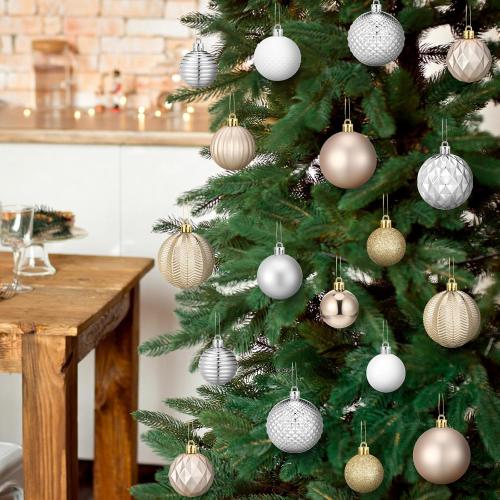 Christmas Ball Ornaments Champagne Gold Silver White Xmas Ornaments Sets 1.6/1.97/2.4 Inch Shatterproof Glitter Xmas Balls Assorted Holiday Neutral Modern Christmas Decor for Tree Home