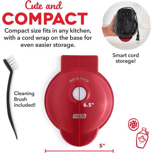 Dash Deluxe Mini Waffle Maker- Compact, Easy-to-Clean Breakfast Appliance - Convenient Cord Wrap - Cleaning Brush Included - 4-Inch - Apple Red‼️light dirt‼️