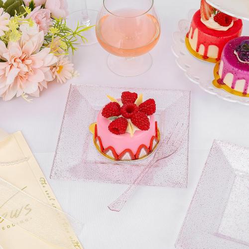 200 Pcs Pink Dessert Plates Including 100Pcs Appetizer plates 6'',100Pcs Plastic Forks 5.7'',Rose Glitter Plastic Square Plate for Wedding,Pink Salad plates and Cake forks for Birthday Party