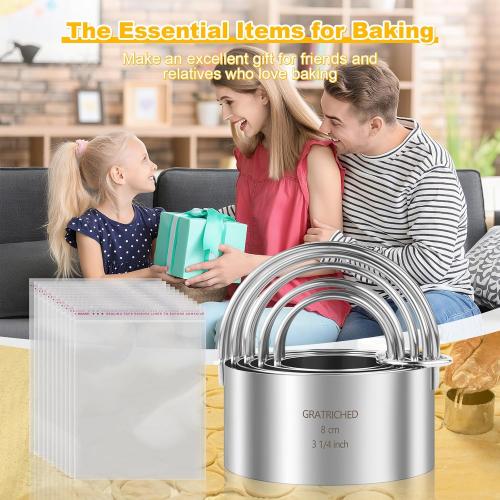 5 Pcs Professional Stainless Steel Cookie Cutters Set - Round Biscuit Cutter with Handle, Used for Making Cake, Fried Egg, Dumpling, Doughnut - Essential Baking Tools for Dough Preparation