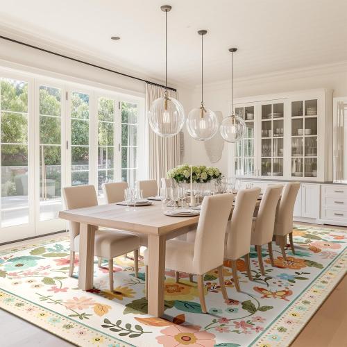 Floral 6x9 Area Rug Machine Washable Soft Print Boho Carpet Non Slip Doormat Low Pile Flower Area Rugs for Living Room Bedroom Nursery Kitchen Dining Room Indoor-Beige/White/Orange