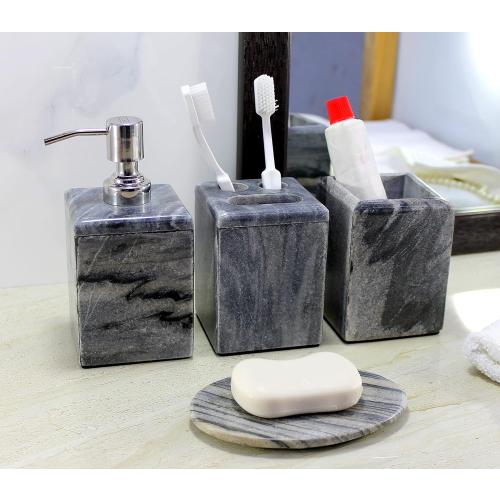 Bathroom Accessory Set Made from Natural Stone - Bath Accessories Set of 4 Includes Soap Dispenser, Toothbrush Holder, Tumbler and Soap Dish (Black)