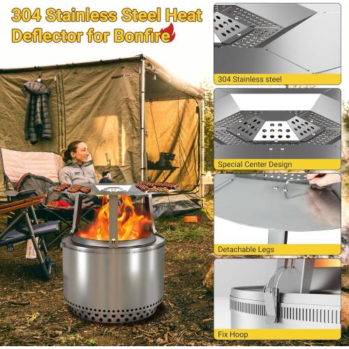 Upgraded Heat Deflector for Solo Stove Bonfire 19.5’’, 304 Stainless Steel Heat Diffuser with Detachable Legs & Fix Hoop, Capture and Redirect Warmth, Camping Accessory