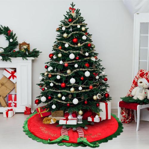 Elf Christmas Tree Skirt 24 Inch Velvet Christmas Tree Skirt with Candy Striped Legs Red and Green Tree Rug Xmas Tree Stand Mat for Christmas Tree Farmhouse Party Decorations