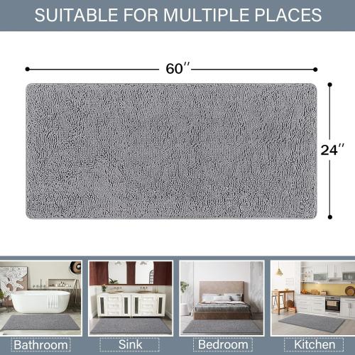 Bathroom Rug Shaggy Bath MatbWashable Non Slip Bath Rugs for Bathroom Shower, Soft Plush Chenille Absorbent Carpets Mats, Gray