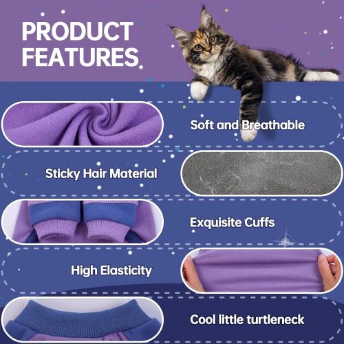 Sticky Hair Cat Clothes, Four-Leg Long Sleeve Cat Pajamas, Prevent Fur Shedding Kitten Onesie Shirts, Surgery Recovery Suit for Male Female, Wound Protection & Preventing Licking