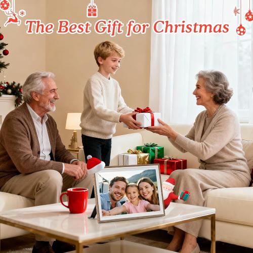 Frameo 10.1 Digital Picture Frame, Smart WiFi Digital Photo Frame with 1280x800 HD IPS Touch Screen 32GB Storage Auto-Rotate Wall Mounted, Share Photos/Videos Remotely(Brown&White)