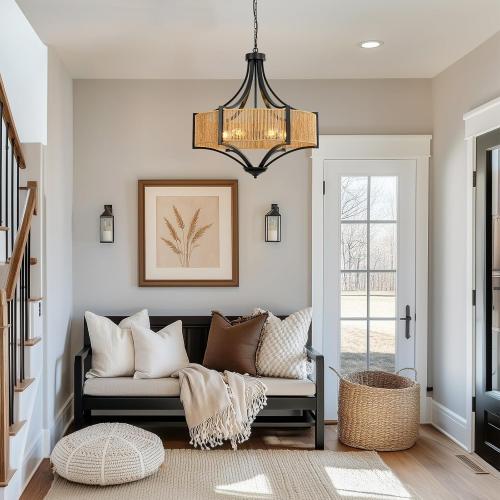 24” Rattan Chandelier Light Fixture, 6-Light Large Rustic Pendant Lighting with Hand-Woven Wicker Shade and Metal Frame, Boho Black Hanging Ceiling Light for Dining Room, Living Room