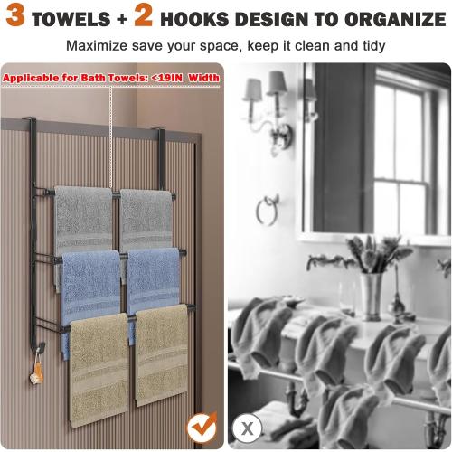 Livabber 3-Tier Over The Door Towel Rack, All Metal Towel Rack with Hooks for Door Hanging, Behind Door Towel Bar Towel Storage Holder for Bathroom Accessories, Black (19.37 L x 5.9 W x 24.4 H)