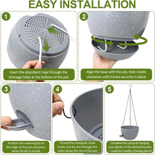 WOUSIWER Self Watering Hanging Planters, 2 Pack 10'' Plastic Pots with Drainage Holes & Reservoir Tray (Speckled Grey) | Indoor & Outdoor Use for Ferns, Ivy, Herbs, Succulents