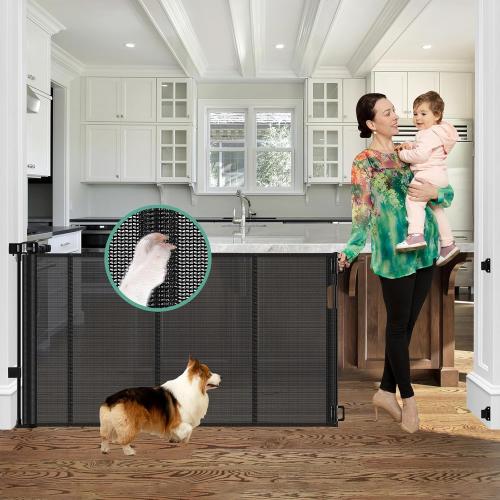 Reinforced 60 Wide Retractable Baby Gates with Upgraded Rods - Bottom Anti-Escape, 5 ft Mesh Baby Gate Retractable Dog Gate Indoor Pet Gate Retractable Stair Gate Outdoor Retractable Gate, Black