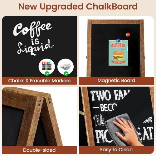 40x20 Brown Frame A Frame Chalkboard Sign, 40x20 Extra Large Sidewalk Chalk Board, Wooden Standing ChalkBoards Set with Markers, Double-Sided Magnetic Blackboard for Cafés, Weddings, Party Guide, Brown