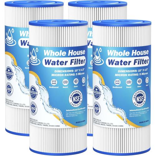 5 Micron 10 x 4.5 Whole House Water Filter Compatible with GE FXHSC, GXWH40L, Plumber W50PEHD, Culligan R50-BBSA, Pentek R50-BB, W10-PR, DuPont WFHDC3001, W50PEHD, High Flow Sediment Filters, 4 Pack