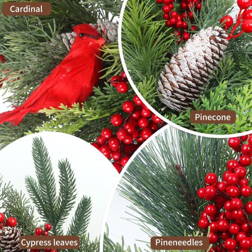 New Years Eve Party Supplies 2025, Large 24 Inch Wreaths Red Cardinal Ornaments Décor Gift with Pine Cones Needles Cypress Leaves Xmas New Year Home Indoor Tree Decor Christmas Decorations