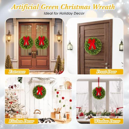 2 Pack 22 Inch Pre-Lit Christmas Wreath Norfolk Pine Wreath with Velvet Bow and Bells Realistic Greenery Holiday Decoration for Front Door Indoor Outdoor Christmas Decor (Red)