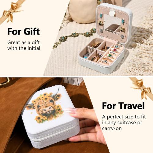 CEELGON Western Jewelry Box Case Gift Highland Cow Print Travel Jewelry Organizer Christmas Gifts for Teen Girls Cowgirl Stuff Small Portable Travel Accessories for Women (Sunflowers Highland Cow)