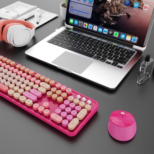 SkyGive Wireless Keyboard and Mouse Combo, Ergonomic Full Size Typewriter Retro Round Keycaps Keyboard, Compatible with Windows, PC, Perfer for Home and Office Keyboards （Red）